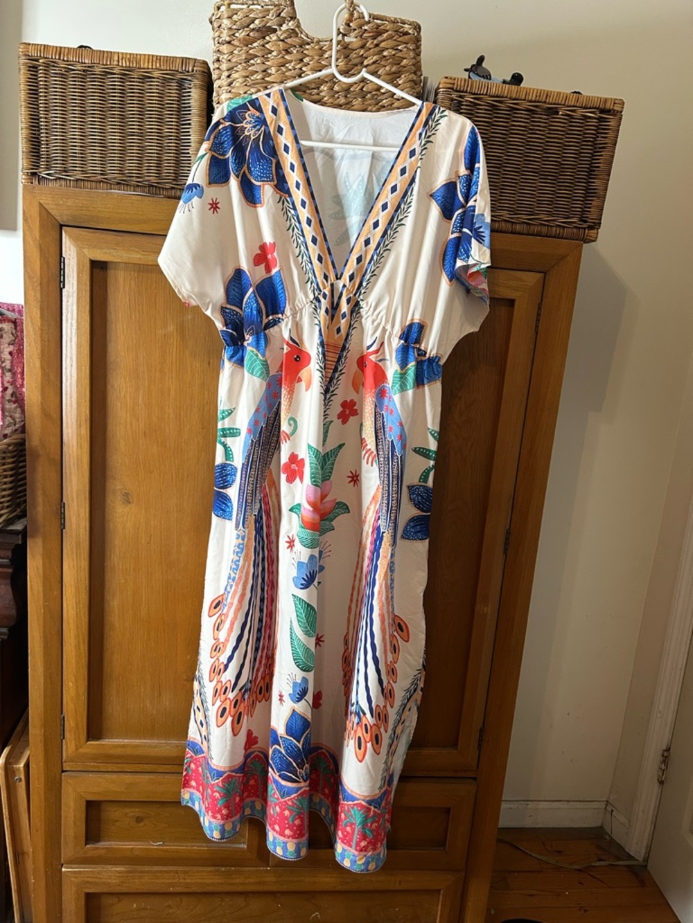 V-Neck Maxi Dress with Blue Floral & Multicolor Bird Print